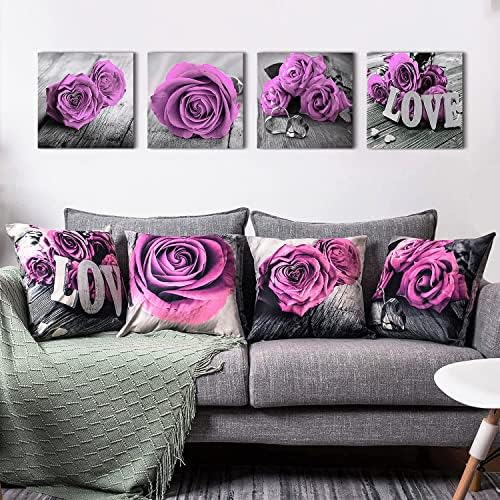 Light Purple Throw Pillow Covers Set of 4 18x18 Inch Bedroom Living Room Decorative Flower Rose Pillow Cases Cotton Linen Square Couch Sofa Chair Indoor Outdoor Patio Car Cushion Covers Home Decor - Image 2
