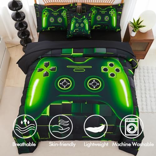 PERFEMET 6 Pieces Twin Gaming Bedding Set Green Game Console Kids Bed in A Bag 3D Black Gamer Comforter Set with Sheets for Boys Teen Lightweight Gamepad Bedroom Set(Green, Twin) - Image 4