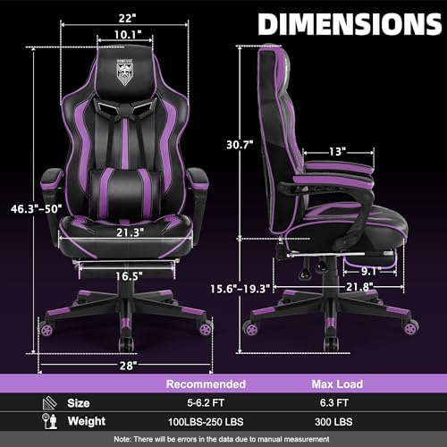 Vonesse Purple Gaming Chair with Footrest, Reclining Computer Gaming Chairs for Adults, Ergonomic Gamer Chair with Massage, Big and Tall PC Game Chair(Purple/Black) - Image 3