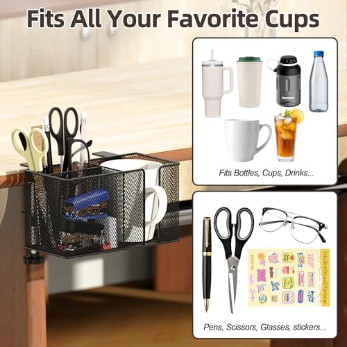 Metal Desk Cup Holder, Fits up to 40oz Cups - Anti-Spill Clip-On Table Cup Holder, Sturdy and Easy to Clamp, Clip-On Cup Holder for Table, Bed, Chair, Gaming Desk, Bottles, Drinks - Image 3