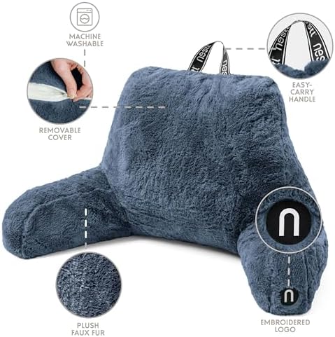 Nestl Fur Reading Pillow, Stylish Back Pillow for Bed Sitting Up, Faux Fur Bed Chair Pillow with Arms, Reading Pillows for Sitting in Bed Adult & Kids, Sit Up Back Support Pillow for Bed Rest - Blue - Image 4