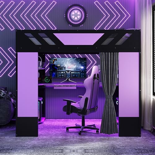 Merax Full Size Loft Bed with Desk and Storage Shelves, Gaming Loft Bed Frame with USB Charging Station and Curtains, Space Saving Loft Bed for Teens Bedroom, Purple + Black by Merax