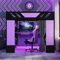 Merax Full Size Loft Bed with Desk and Storage Shelves, Gaming Loft Bed Frame with USB Charging Station and Curtains, Space Saving Loft Bed for Teens Bedroom, Purple + Black by Merax