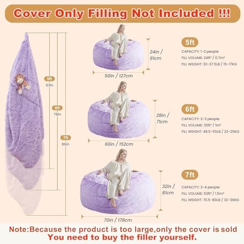 5FT Bean Bag Cover for Stuffed Animals Machine Washable, Gaming Bean Bag Chairs for Adults Teens Girls, Lovely Cute Bean Bag Storage Stuffed Animal, Purple - Image 2