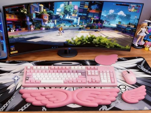 Angel Wing Wrist Rest Ergonomic Memory Foam Wrist Rest for Computer Keyboard Mouse Set with Cup Mat, Cute Gaming Keyboard Cushion Hand Support PU Leather Surface Anti-Slip Waterproof (Rose Red) - Image 2