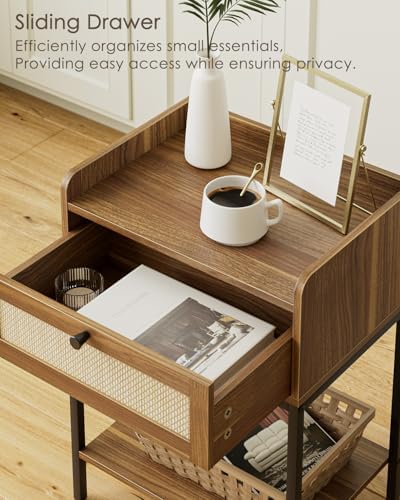 Masupu Rattan Nightstand,3-Tier Modern Bedside Night Stand with Storage Drawer and Shelf,Small End Side Table for Bedroom,Living Room,Walnut Brown (Without Outlet, Brown) - Image 4