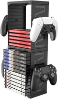 HONCAM Video Game Storage Tower for PS5 PS4 Xbox Nintendo Switch Games, Universal Discs Organizers 24 PCS with 4 Controllers Holder, Disk Box Stand Rack Accessories by HONCAM