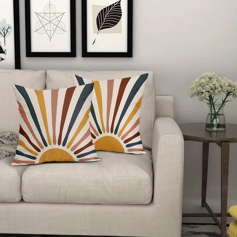 Boho Sunburst Decorative Throw Pillow Cover, Modern Abstract Design with Multicolor Rays in Navy, Mustard, and Terracotta, 2 Pack，18x18 Pillows Linen Pillowcase - Image 4