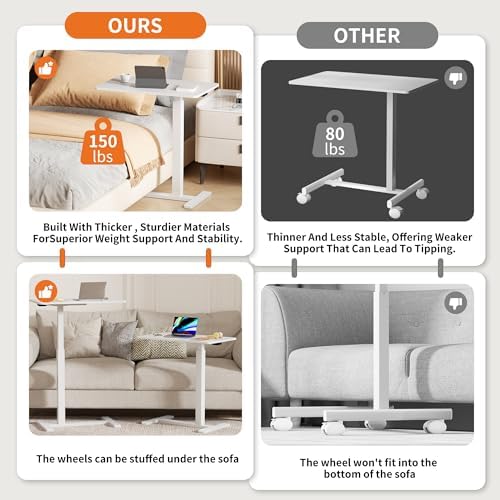 Medical Adjustable Overbed Bedside Table with Wheels, Rolling Laptop Table, Mobile Standing Desk for Home and Hospital, White - Image 7