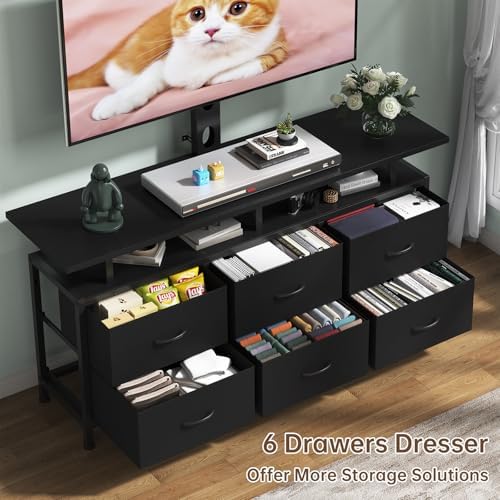 Black TV Stand with Mount for 32/45/55/60/65/75 inch TVs, Entertainment Center with 6 Fabric Drawers & Open Shelf, TV Media Console for Living Room, Bedroom - Image 4