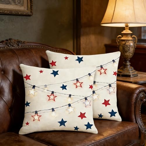 4th of July Throw Pillow Covers, Independence Day Star Design, Linen, 18x18 Inch, Set of 2, Farmhouse Style - Image 4