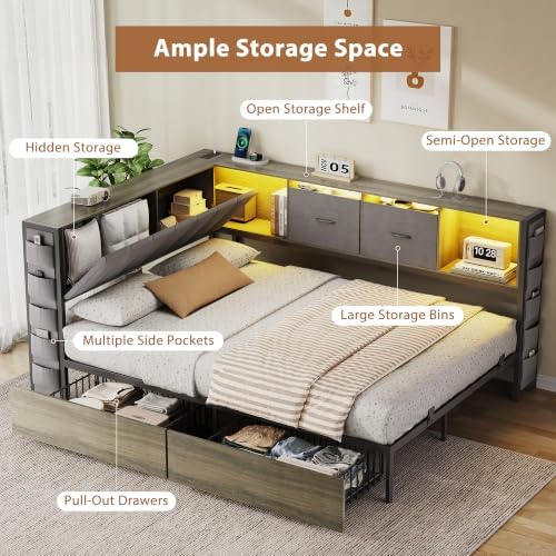 MapleGrace Full Corner Bed Frame with Upholstered Storage Headboard and Drawers, Metal Platform Bed Frame with LED Light and Charging Station, Full Daybed for Living Room, Bedroom & Guest Room, Gray - Image 4