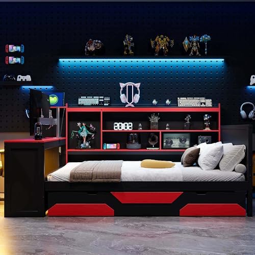 Merax Full Size Gaming Daybed with Integrated Desk and Lights, Wooden Platform Bed Frame with 3 Storage Drawers and Built-in Charging Station, Multi-Functional Headboard Shelves, No Box Spring Needed - Image 4