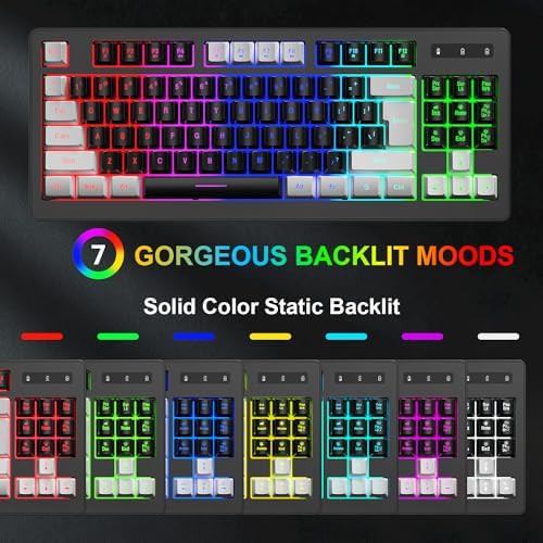 BlueFinger Wireless Gaming Keyboard and Mouse Combo, RGB Rainbow Backlit Rechargeable Battery, 87 Keys TKL Light Up Keyboard with Ergonomic Gaming Mouse for Mac Laptop Computer PC Gamer(White & Black) - Image 2