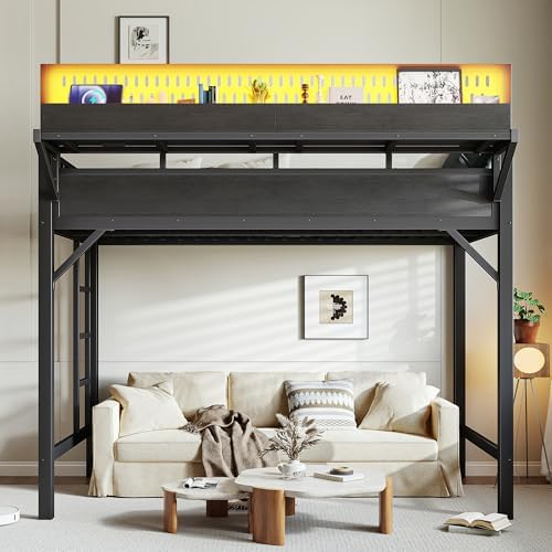 KEIKI Twin XL Metal Loft Bed Frame with Storage Shelves & Pegboard, Loft Bed with USB Ports and LED Lights, Space Saving Bed Frame for Kids Teens Dorm Rooms Apartments Gaming & Study Spaces - Image 3