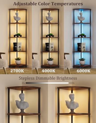 Corner Shelf with LED Light, 5 Tier Smart Color Changing Floor Lamp with Remote, 62" Display Shelf Bookshelf Narrow Storage Rack Standing Lamp for Living Room Bedroom Home Office Decor, Brown - Image 3
