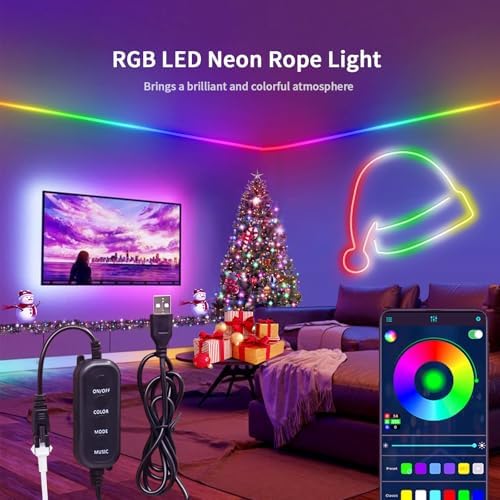 LED Neon Rope Light, 9.84FT RGB LED Strip Light APP Control, Button Control, 5V Music Sync Color Changing Rope Light, IP65 Waterproof LED Light for Bedroom Gaming, Halloween Party Decor - Image 2