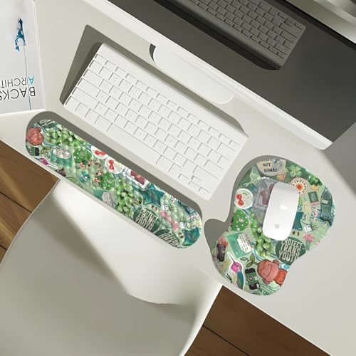 Mint Green Keyboard Wrist Rest Support Mouse Pad&Keyboard Set, Cute Green Ergonomic Mousepad Non-Slip Base Desk/Office Pain Relief&Easy Typing Pad with Neoprene Cloth&Raised Curved Memory Foam - Image 3
