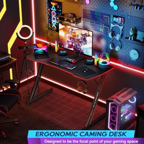BestOffice 39" Gaming Desk Computer Gaming Desk Z Shaped Gaming Workstation Ergonomic Gaming Table with Headphone Hook for Game Players,Black&Red - Image 4