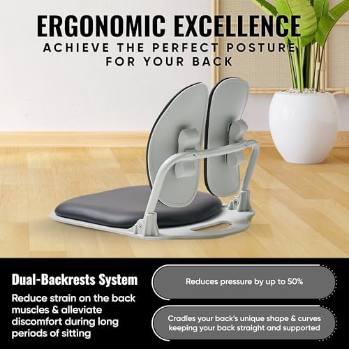 Ergonomic Dual-Backrests Floor Chair with Back Support (Black Leather) | Reduce pressure on your back by up to 50% - Image 3