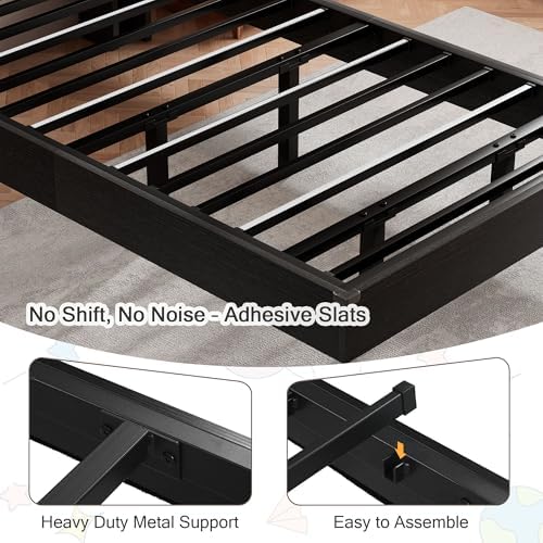 Einhomn Twin Bed Frames with LED Lights and Charging Station - Wood Floating Bed Frame with Storage Headboard, Adhesive Slats, Kick-Free & Noise-Free Design, Easy Assembly, Black - Image 6