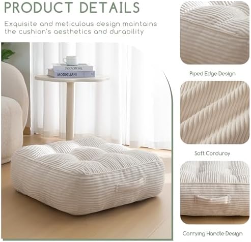 HIGOGOGO 8" Extra Thick Floor Pillow Cushion for Adults, Meditation Cushion Pillow, Large Square Floor Sitting, Tufted Corduroy Cover, for Tatami Living Room or Yoga, 22x22 Inch, Beige - Image 3