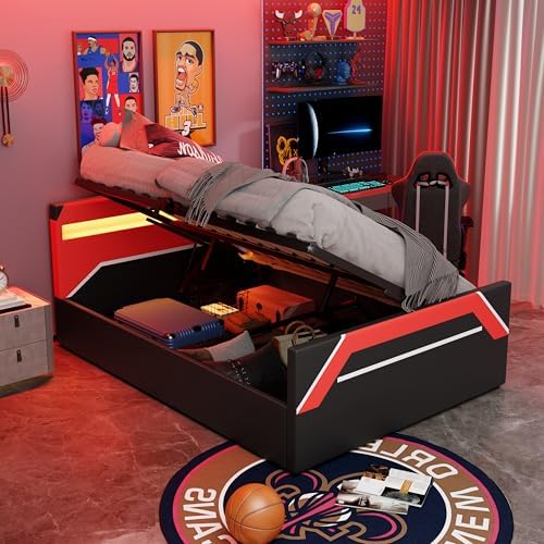 Merax Queen Size Gaming Bed with Built-in 7-Color LED Lighting Headboard, Side-Lift Hydraulic Storage Platform Bed, Cyberpunk Style, No Box Spring Needed, Black+Red by Merax