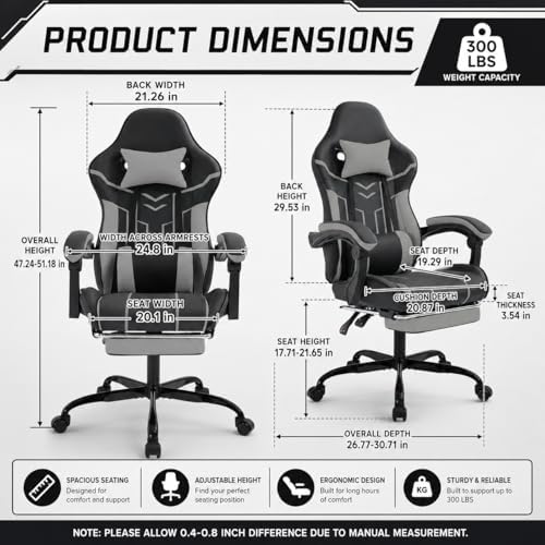 Gaming Desk Chair for Adults, Ergonomic Gaming Chair (Black+Gray) | with Footrest & Headrest and Lumbar Support, Leather Material Height Adjustable computer Video Game Chairs - Image 2