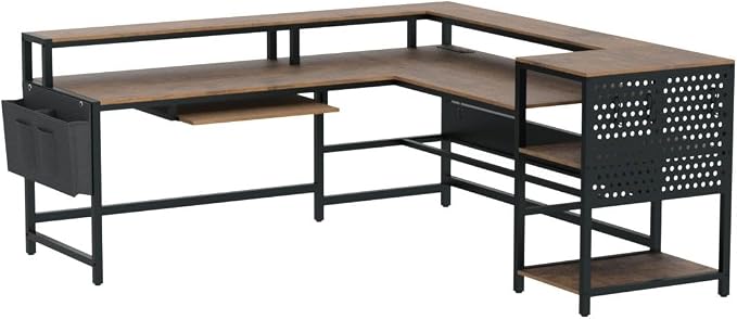 SEDETA L Shaped Computer Desk, Reversible Computer Desks, L Shaped Desk with Power Outlets & LED Strip, Monitor Shelf, Keyboard Tray, Pegboard and Storage Shelves for Home Office, Rustic Brown - Image 5