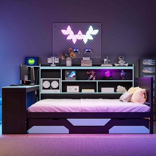 Merax Full Size Gaming Daybed with Integrated Desk and Lights, Wooden Platform Bed Frame with 3 Storage Drawers and Built-in Charging Station, Multi-Functional Headboard Shelves, No Box Spring Needed - Image 4