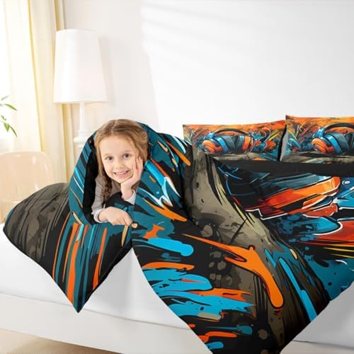 Erosebridal Gaming Headset Comforter Set Graffiti Gamer Girl Toddler Bedding Set for Tween Boys Girls Doodle Style Comforter Gaming Headphones Quilt - Image 4