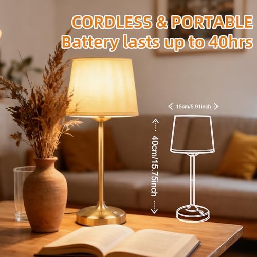 Deogos Cordless Table Lamp Gold with Dimmer, 4000mAH Battery Operated Lamp Rechargeable, 3 Color Temperature Touch Control Fabric Desk Light for Dining Room, Bedroom, Bar, Patio, Counter, Restaurant - Image 6