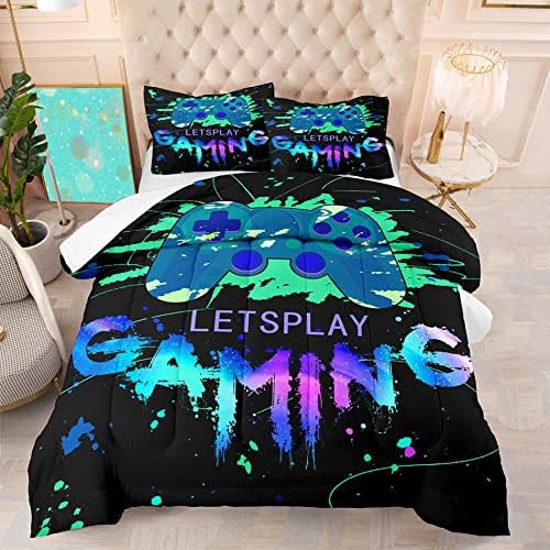 Game Comforter Set Fluffy Video Gaming Bedding Sets Gamer Room Decor Twin Size Colorful Black Gamepad Soft Game Bedding Set for Boys Teen 1 Comforter and 1 Pillowcase - Image 2