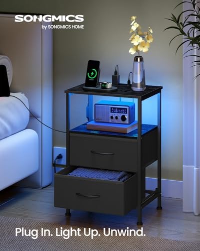 SONGMICS Nightstand with Charging Station, 2 Fabric Drawers - Image 3