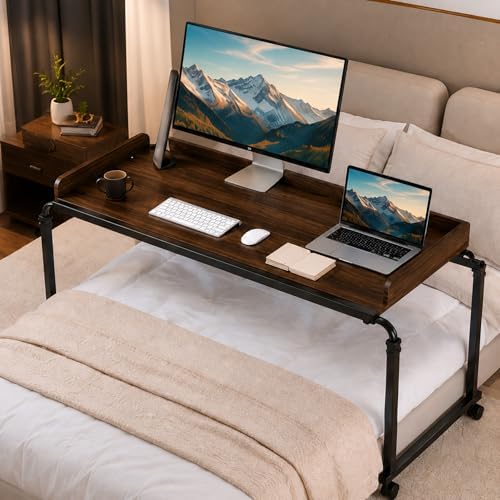 Over Bed Table with Wheels, Width & Height Adjustable, Rolling Over the Bed Desk with Cup Holder & Raised Baffle, Mobile Laptop Desk for King Queen Size Beds, Home Office, Bedroom Hospital Workstation by Unknown
