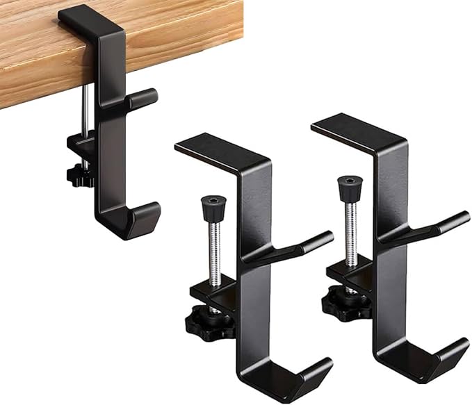 YUANQIAN Clamp-On Under Desk Headphone Holder Backpack Hook Students' Desk Hook with Adjustable Arm Clamp Women's Bag Handbag and Purse Holder -Suitable for Plate Between 1-5cm (3Pack Black, 3) - Image 8