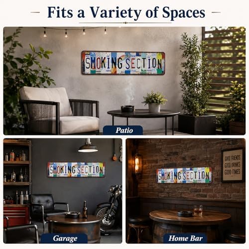 Smoking Section Vintage Metal Tin Sign, License Plate Style Wall Decor, Colorful Retro Design 4×16 Inch (26003) - Image 5