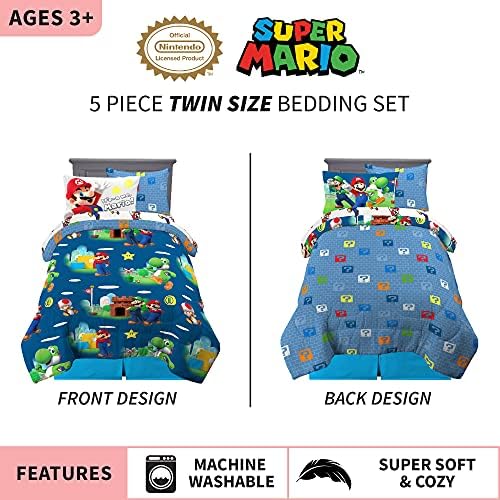 Super Mario Kids Bedding Set, Twin Size 5 Piece Comforter and Sheet Set with Sham, (Officially Licensed Product) by Franco - Image 3