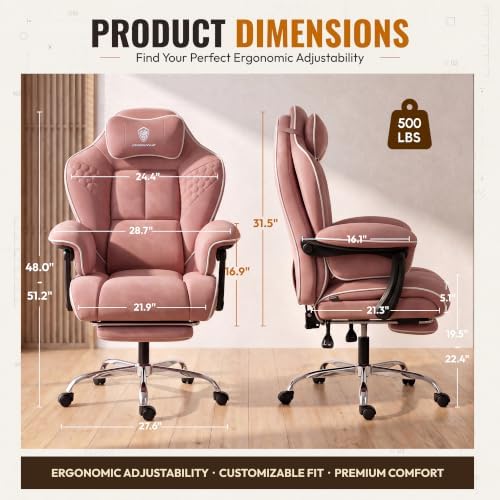 Dowinx Big and Tall Gaming Chair with Footrest for Home Office 500LBS Pink | High Back Fabric Office Chair, Extra-Wide & Thick-Padded Seat Cushion with Ergonomic Lumbar Support and Soft Linkage Armrest - Image 3