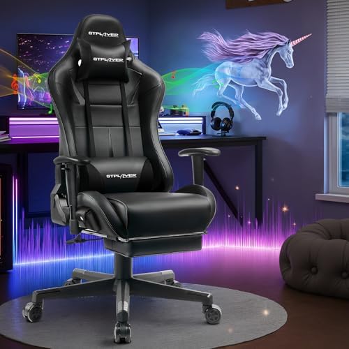 GTPLAYER Gaming Chair with Speakers, Video Game Chairs with Footrest for Adults, Ergonomic Computer PC Gamer Reclining Chair(Dark-Black) by GTPLAYER