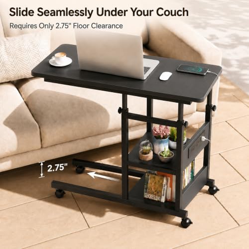 Rolling C Shaped End Table with Charging Station for Couch, Height Adjust - Image 4