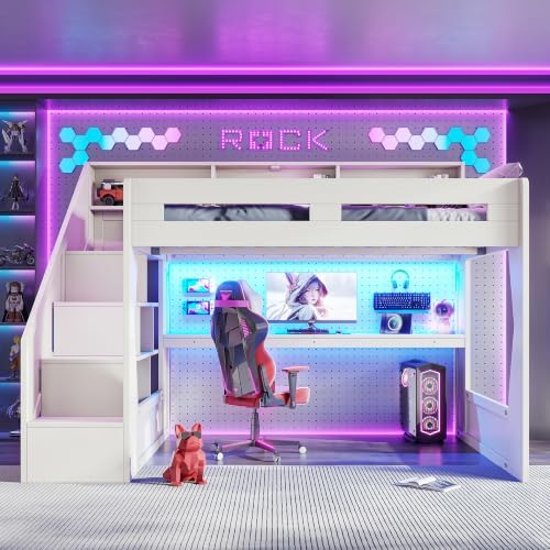 KEIKI Queen Size Gaming Loft Bed with Storage Stairs, LED Lights & Desk - Image 2
