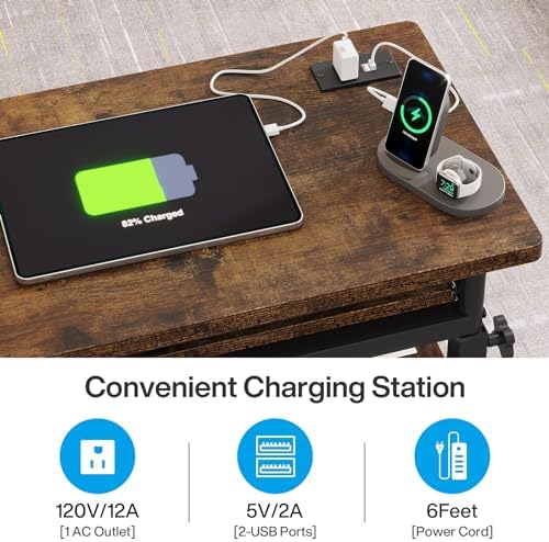 Tribesigns Small Portable Desk with Power Outlet, Height Adjustable Sofa Couch Bedside Laptop Table with Wheels, Mobile Standing Desk Rolling Computer Cart C Side Table with USB Ports - Image 6