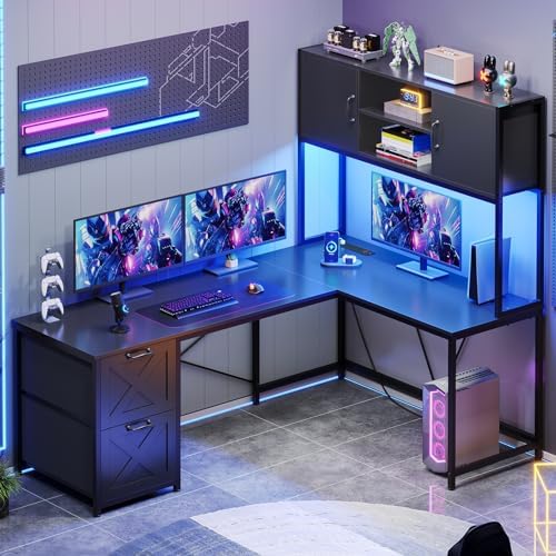 SEDETA Reversible L Shaped Corner Gaming Desk with Drawers, Led Lights by SEDETA