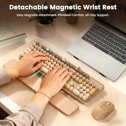 Wireless Keyboard and Mouse Combo, Full-Size Retro Typewriter Keyboard with Round Keycaps, Magnetic Wrist Rest & Tilt Legs, 2.4GHz Cordless for Mac/Windows PC/Laptop, SABLUTE CK23, Latte Gradient - Image 2