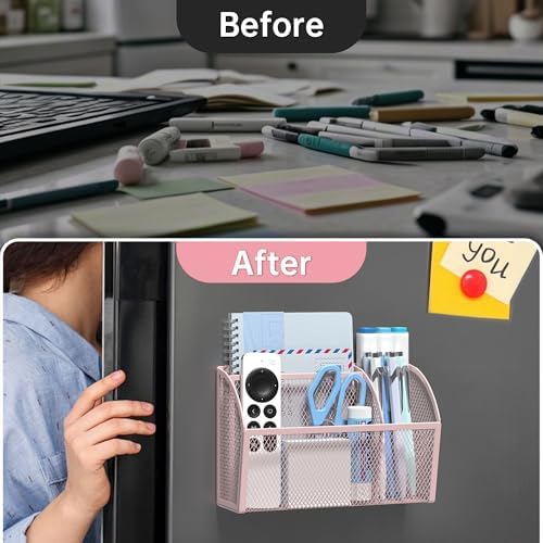 YINGHUA 3 Compartment Magnetic Metal Mesh Pen Holder, Pink Desk Caddy - Image 3