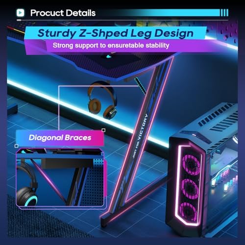 BestOffice 39" Gaming Desk Computer Gaming Desk Z Shaped Gaming Workstation Ergonomic Gaming Table with Headphone Hook for Game Players,Black&Blue - Image 6