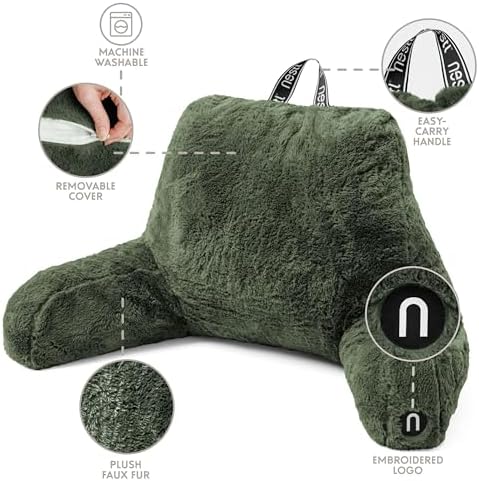 Nestl Fur Reading Pillow with Laptop Lap Desk, Stylish Back Pillow for Sitting Up, Lap Desk with Reading Pillows for Sitting in Bed Adult & Kids, Faux Fur Chair Pillow with Arms - Olive Green - Image 5