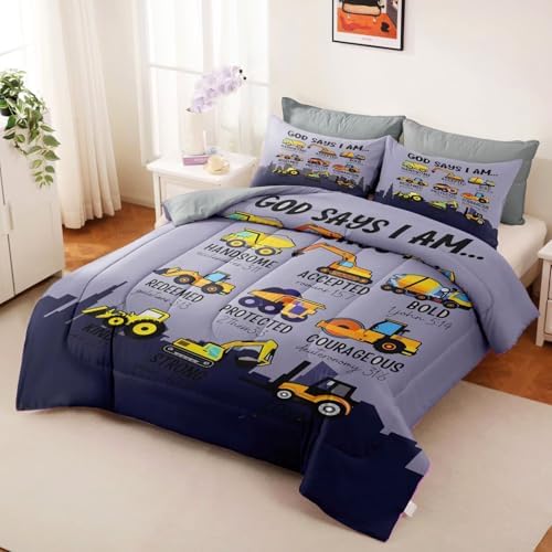 Boys Kids Construction Truck Comforter Set Twin Size,3 Piece Bed in a Bag Cars Excavators Tractor Bedding Set Construction Christian Spirational Comforter with 2 Pillowcases Gray - Image 5