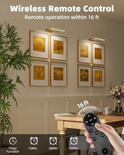 EZVALO Picture Light for Wall, 4800mAh Rechargeable Wireless Remote, 13'' Dimmable Magnetic LED Art Display Light with 3 Color Temperatures, for Gallery, Living Room, Bedroom, Hallway (Gold) - Image 4
